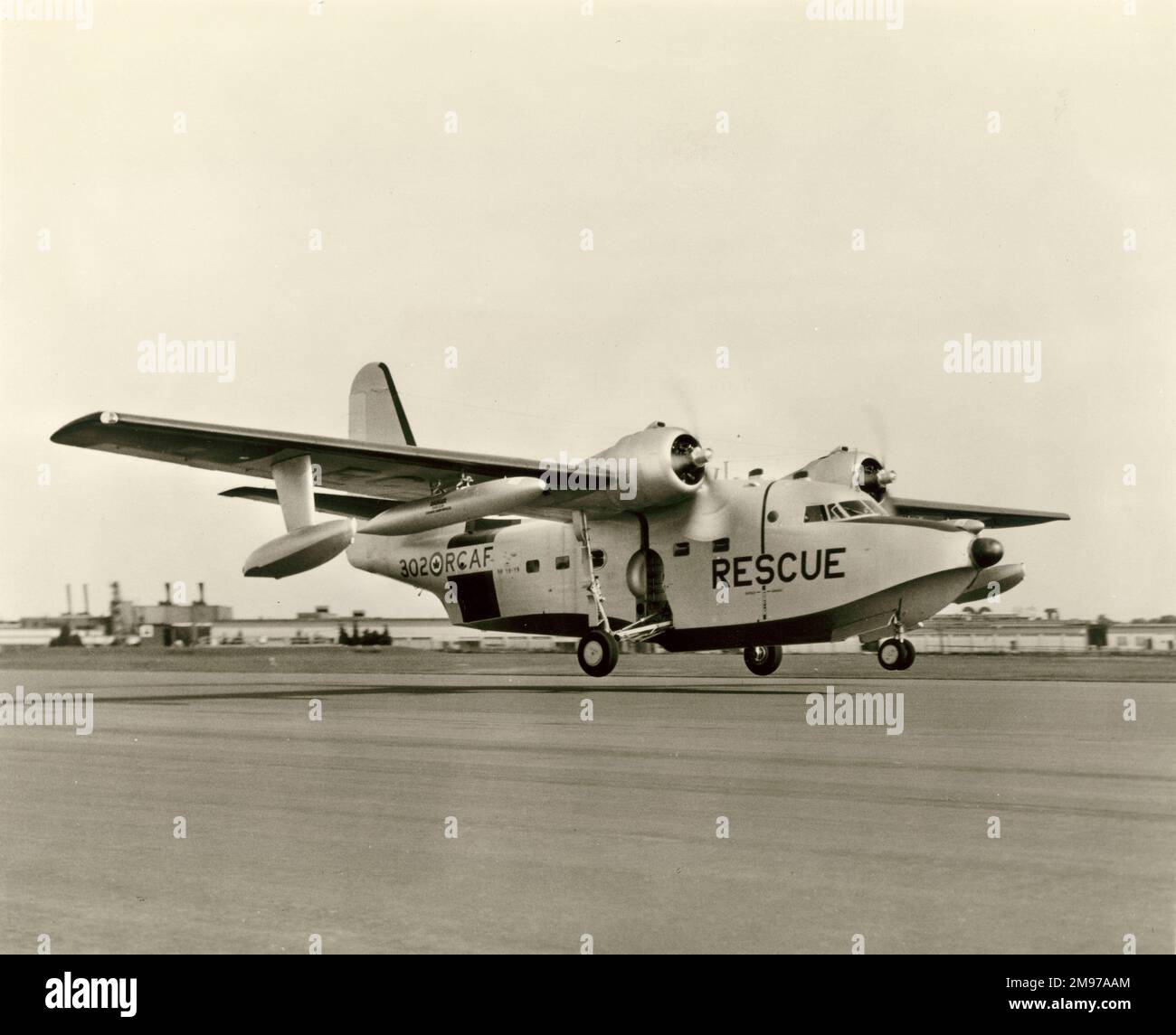 Grumman CSR110 Albatross takes off from Grumman’s Bethpage facility for Trenton, Ontario. Stock Photo