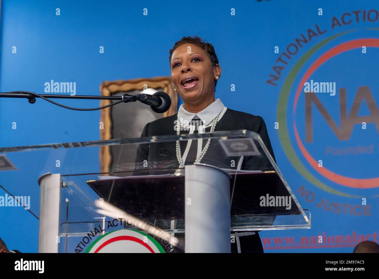 New York, New York, USA. 16th Jan, 2023. (NEW) National Action Network Marks Martin Luther King Jr. Day. January 16, 2023, New York, New York, USA: New York City Council's Speaker Adrienne Adams speaks during a Martin Luther King Jr. Day event in Harlem on January 16, 2023 in New York City. (Credit Image: © M10s/TheNEWS2 via ZUMA Press Wire) EDITORIAL USAGE ONLY! Not for Commercial USAGE! Stock Photo