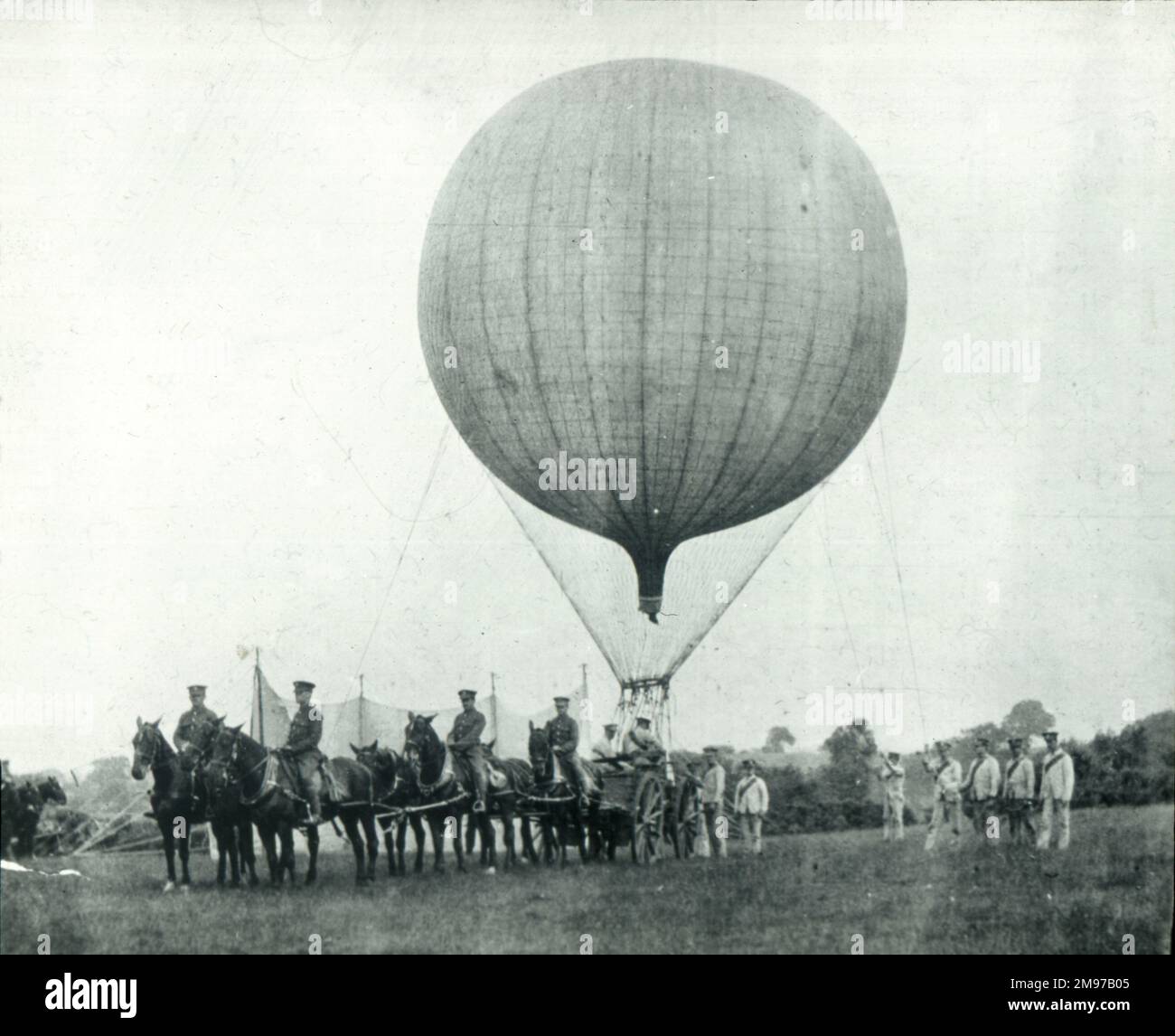 Captive balloon with limbered balloon-kite winch wagon. Stock Photo