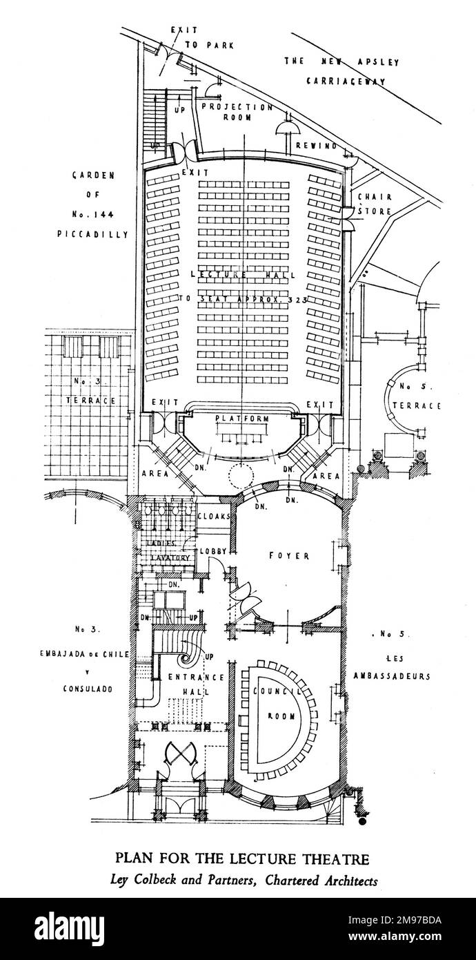Plan of the proposed Lecture Theatre and the ground floor of No.4 Hamilton Place. circa 1960. Stock Photo