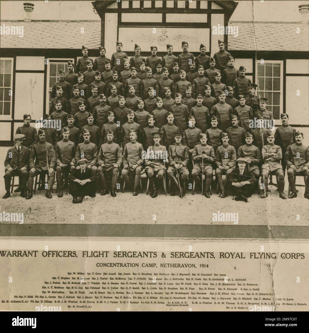 Warrant Officers, Flight Sergeants and Sergeants, RFC, at the Concentration Camp, Netheravon, 1914. The group includes Sgt W. McCudden and Lt-Col Frederick Sykes. Stock Photo
