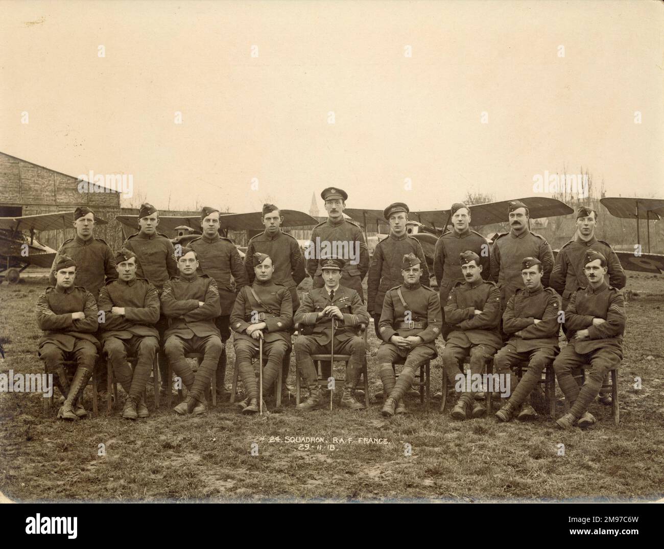 Warrant Officers, Flight Sergeants and Sergeants of No24 Squadron RAF in France, 29 November 1918. Back row: Sgts A. Dearman, V.E.T. Hoskins, L. Garland, L.C. Cox, A. Wilson, H. Brown, R.A.E. Percy, W. Green and J.W. Welch. Front row: Sgt C.H. Peters, Flt Sgts J.H. Langston and F.R.V. Tealby, Sgt Major L.C. King, Major V.A.H. Robson, MC, T Sgt Major F. Schofield, MSM, Flt Sgts F.T. Thould and H. Edwards and Sgt W.L. French. Stock Photo