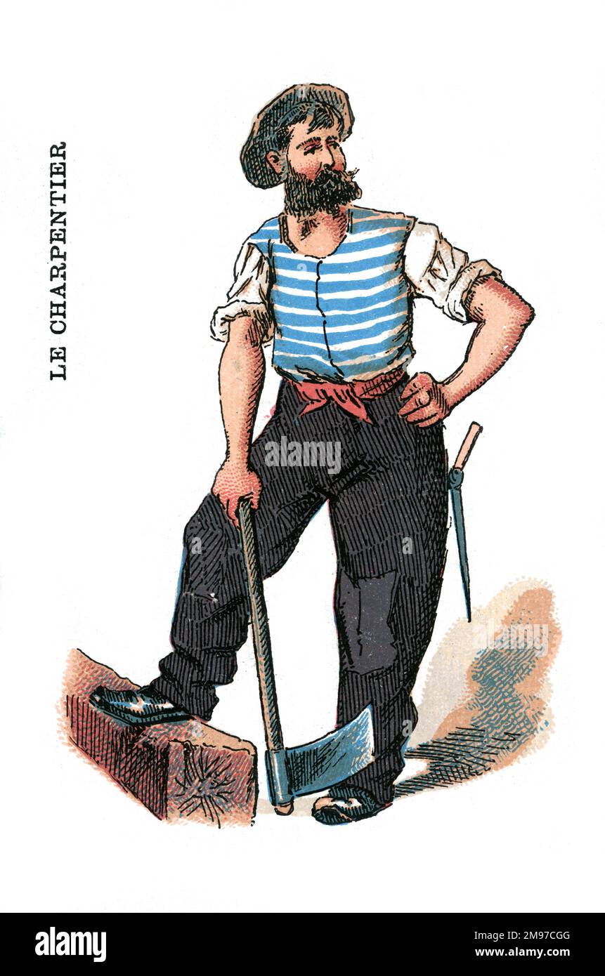 French card game - Yes or No - Occupations series. Illustration of a carpenter. Stock Photo