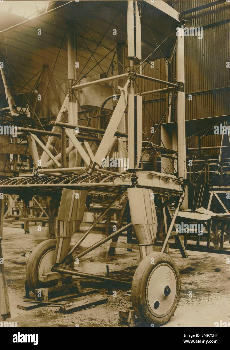 Undercarriage and wing assembly of a Blackburn RT1 Kangaroo during manufacture. Stock Photo