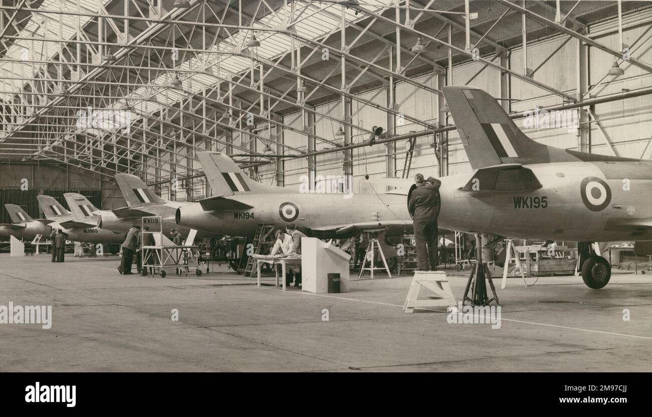Early Supermarine Swifts on the production line, including: VV119, WJ965, WK194 and WK195. Stock Photo