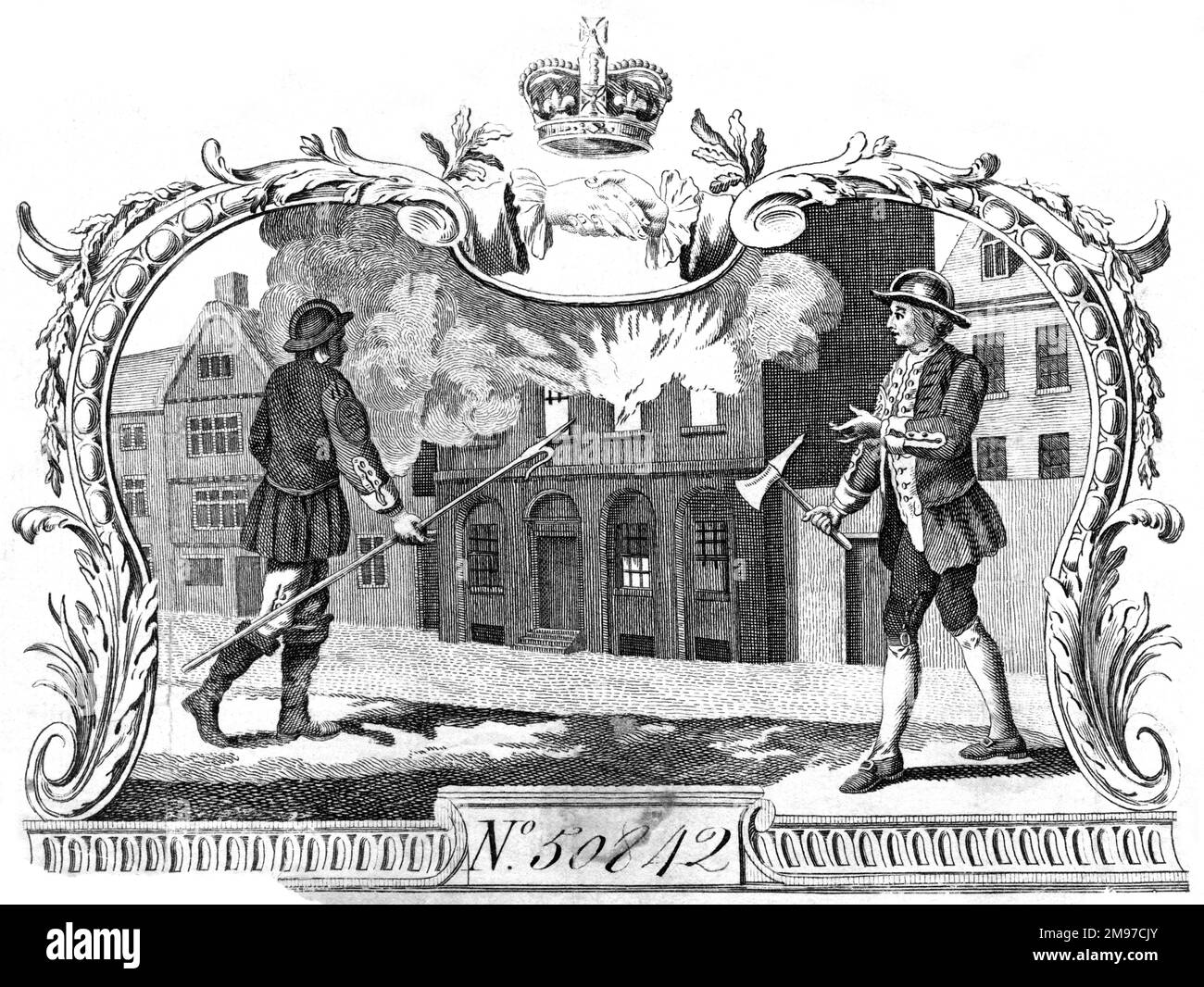 An engraving of men from the Hand in Hand Insurance Company.  Before the establishment of regional fire brigades, fires were tackled by insurance companies.  Despite their frock coats and breeches, these men are wearing helmets similar to a modern day firefighter.  The Hand-in-Hand was established at a meeting in Tom's Coffee House, St Martin's Lane, London and was first known as Contributors for Insuring Houses, Chambers or Rooms from Loss by Fire, by Amicable Contribution. Two other fire offices, the Fire Office and the Friendly Society, already existed at this time but the Hand-in-Hand wa Stock Photo