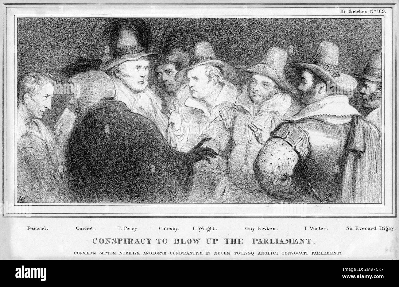 Early 19th century impression of the main protagonists in the conspiracy to blow up Parliament in 1605.  From left, Tesmond, Garnet, T. Percy, Catesby, I. Wright, Guy Fawkes, I. Winter and Sir Everard Digby. Stock Photo