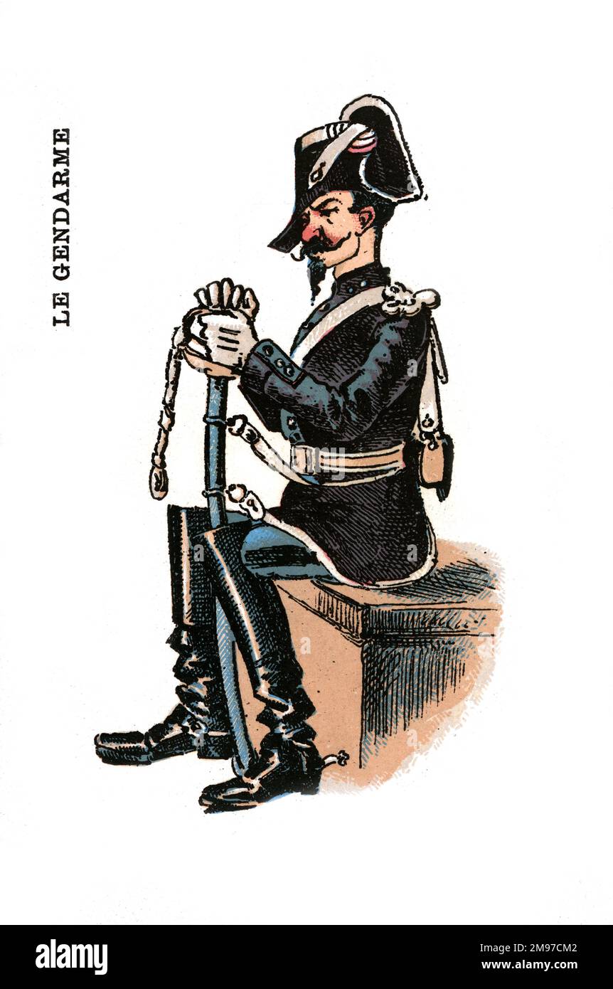 French card game - Yes or No - Occupations series. Illustration of a gendarme (police constable). Stock Photo