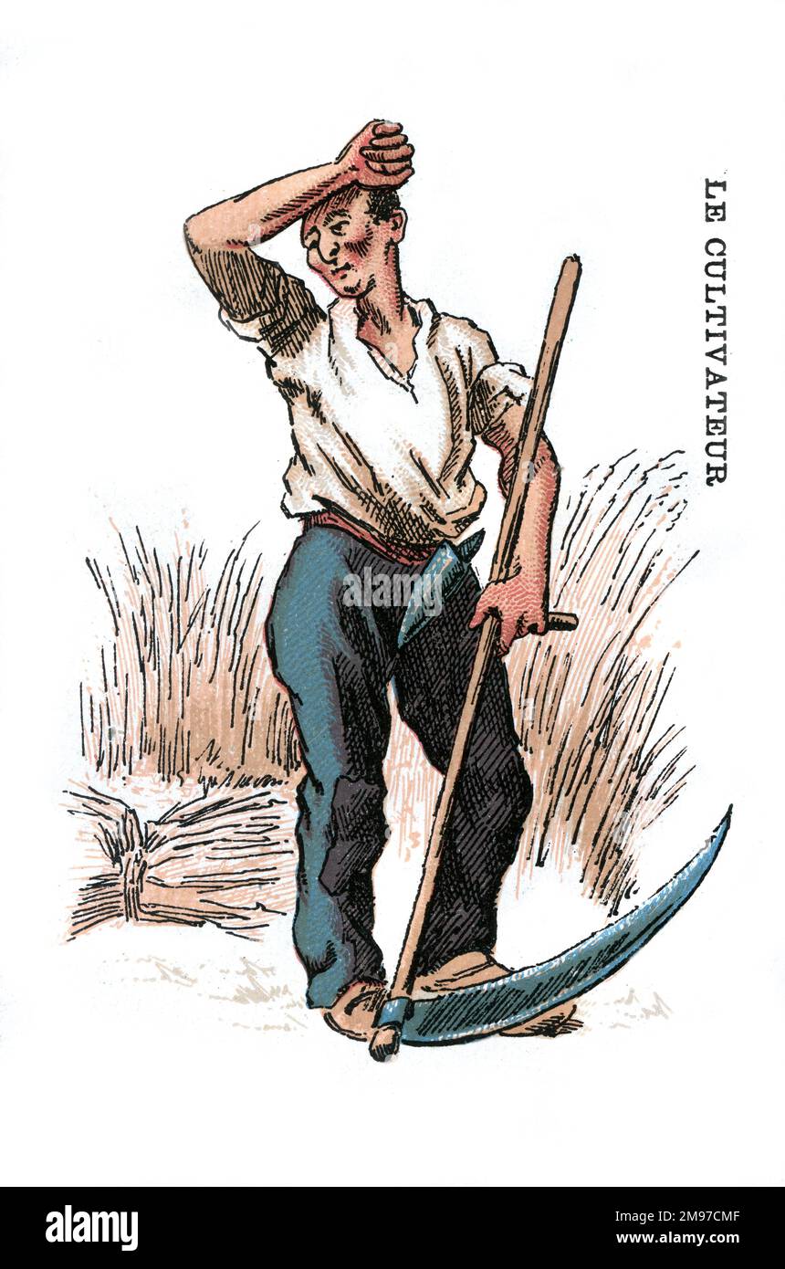 French card game - Yes or No - Occupations series. Illustration of an agricultural labourer. Stock Photo