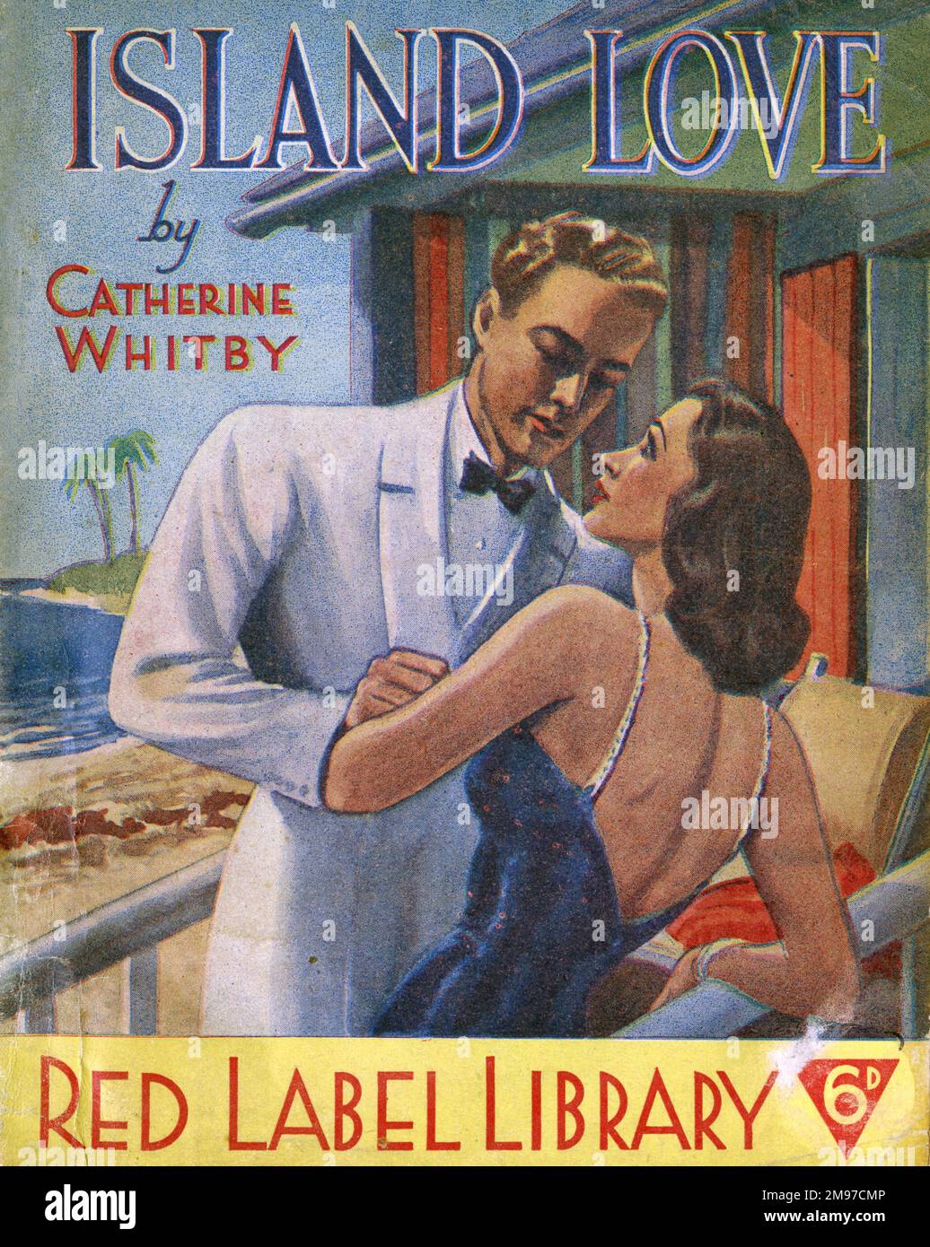 Front cover of Island Love by Catherine Whitby showing a couple on a balcony gazing (a little stiffly) into each other's eyes. Stock Photo