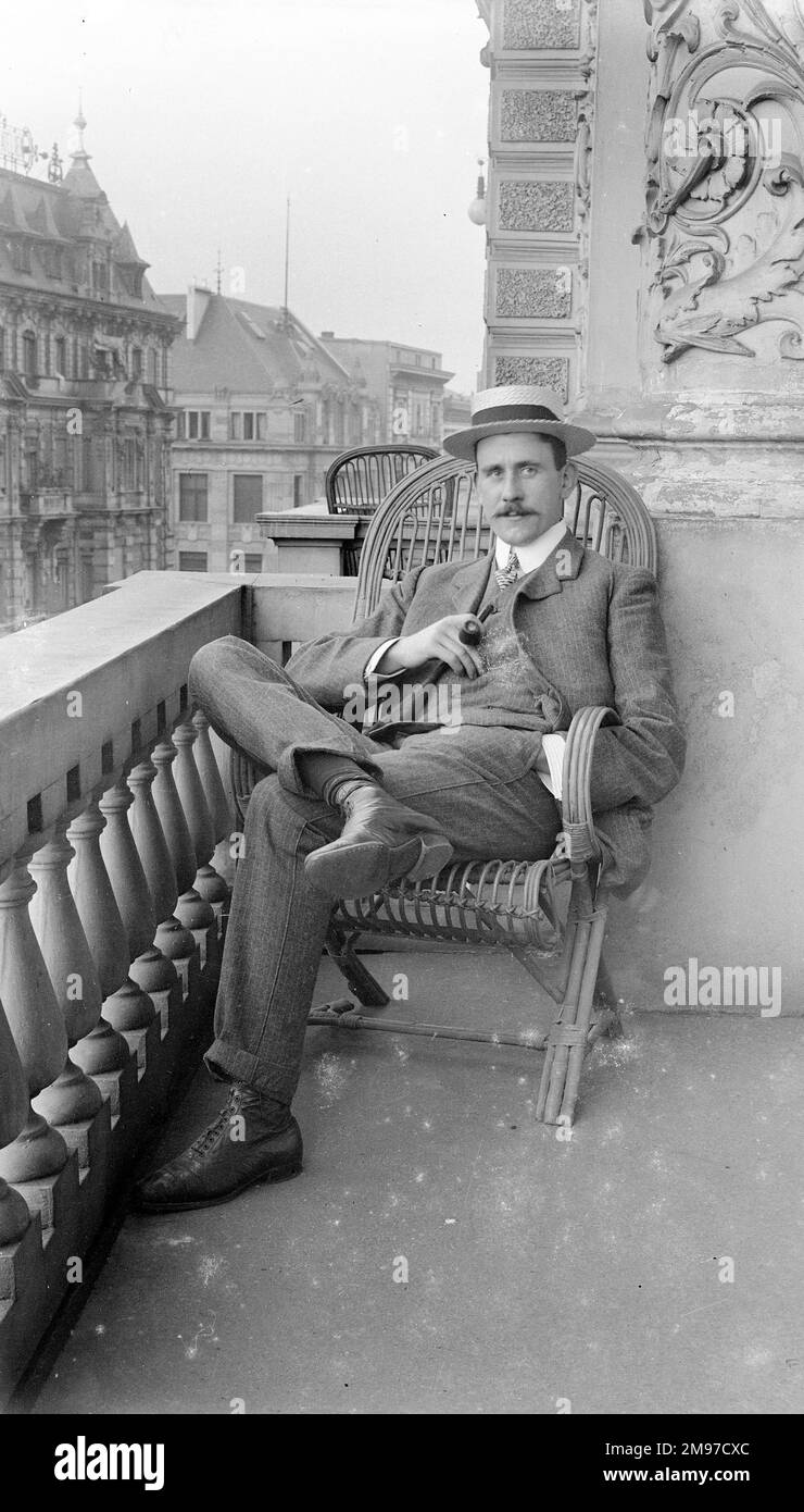 Kaiserhof Hotel, Berlin, showing Ernest Battersby is a relaxed pose. The Kaiserhof was one of Berlin's most exclusive hotels, and later became a favoured haunt of the Nazi regime. It was here that Hitler was given his German citizenship, and it was bombed in 1945. The site is now occupied by the North Korean Embassy. Stock Photo