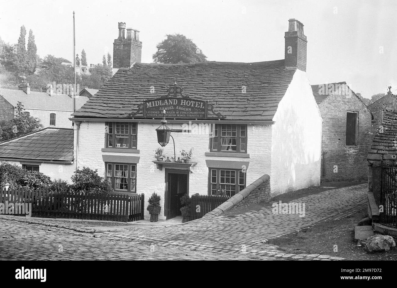 Front view of the Midland Hotel in Marple around 1906. The sign over