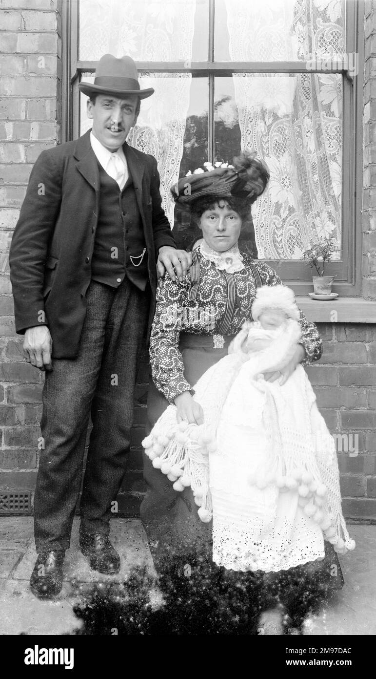 Identified by the photographer at the time, the 1911 Census shows Joseph Henry Green, age 34 born High Lane, occupation Hatter's Proofer, his wife Harriett Green, 34, and son Jack Green, 6yrs born Stockport. They lived at 15 Sydney Street, Stockport which is probably where the photograph was taken as it is just round the corner from where Ernest Battersby lived. Mr and Mrs Green had been married 13 years and had had one child in total. This dates the photo to about 1905/6. Stock Photo
