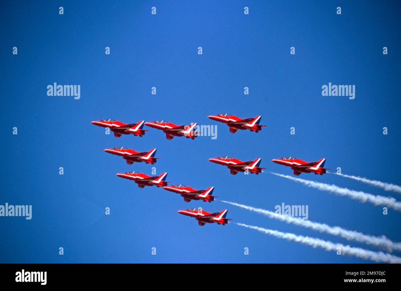 RAFAT RAF Red Arrows BAe Systems Hawks flypast to commemorate the 60th anniversary of the end of WW2 at RIAT Fairford in July 2005 Stock Photo