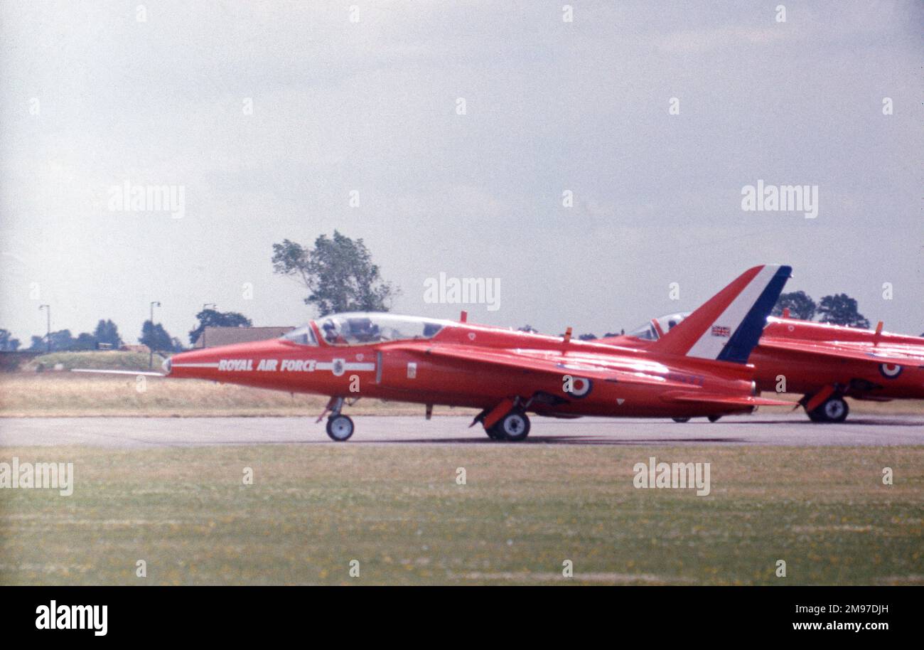 RAFAT Two Folland Gnats from RAF Red Arrows preparing for take off at Brampton in May 1977 Stock Photo