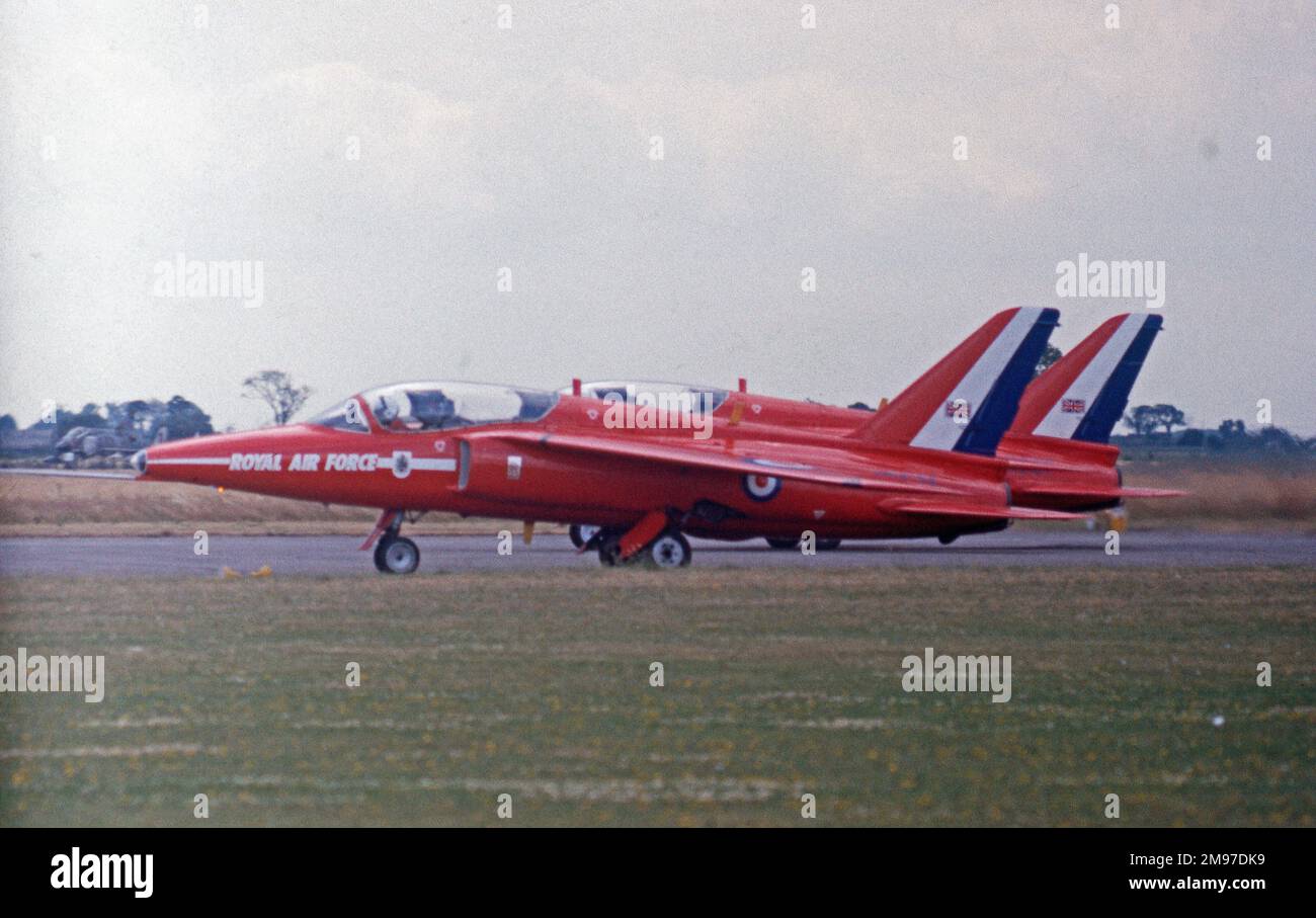RAFAT Two Folland Gnats from RAF Red Arrows preparing for take off at Finningley in July 1977 Stock Photo