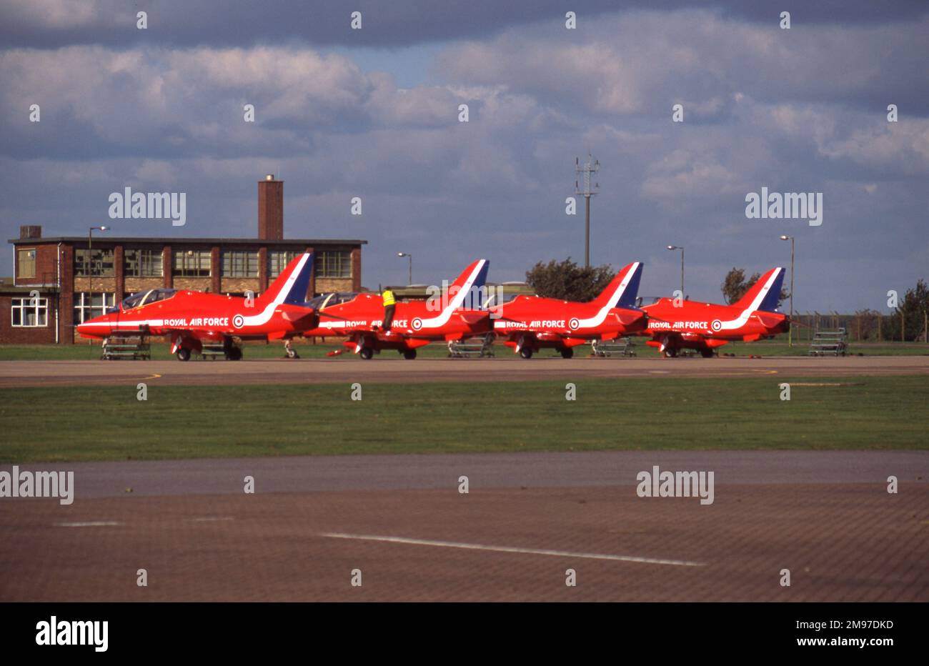 RAFAT RAF Red Arrows BAe Systems Hawks line up at their home after the end of their domestic season at Scampton October 2008 Stock Photo