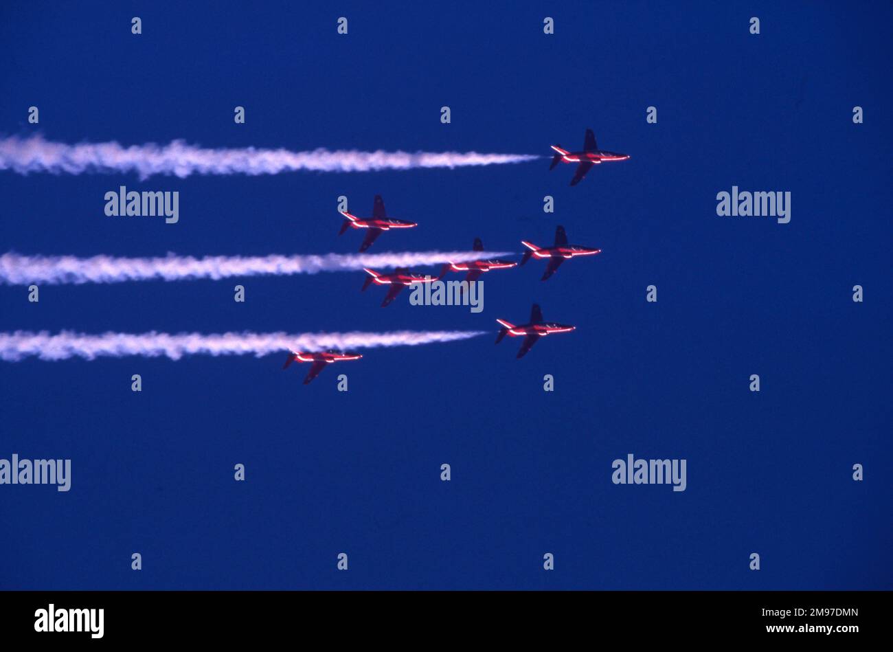 RAFAT RAF Red Arrows BAe Systems Hawks flying a small Wineglass formation in the year when two pilots were lost and they flew their displays as a seven ship team.  Finningley 1988 Stock Photo