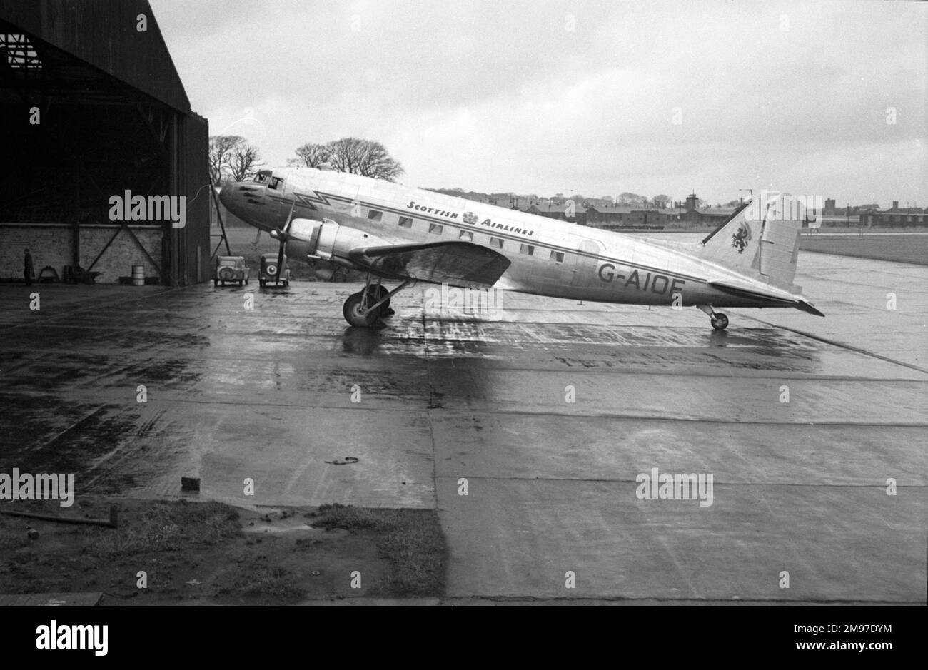 Douglas DC-3 G-AIOE of Scottish Airlines at Prestwick on 26 December 1946 Stock Photo