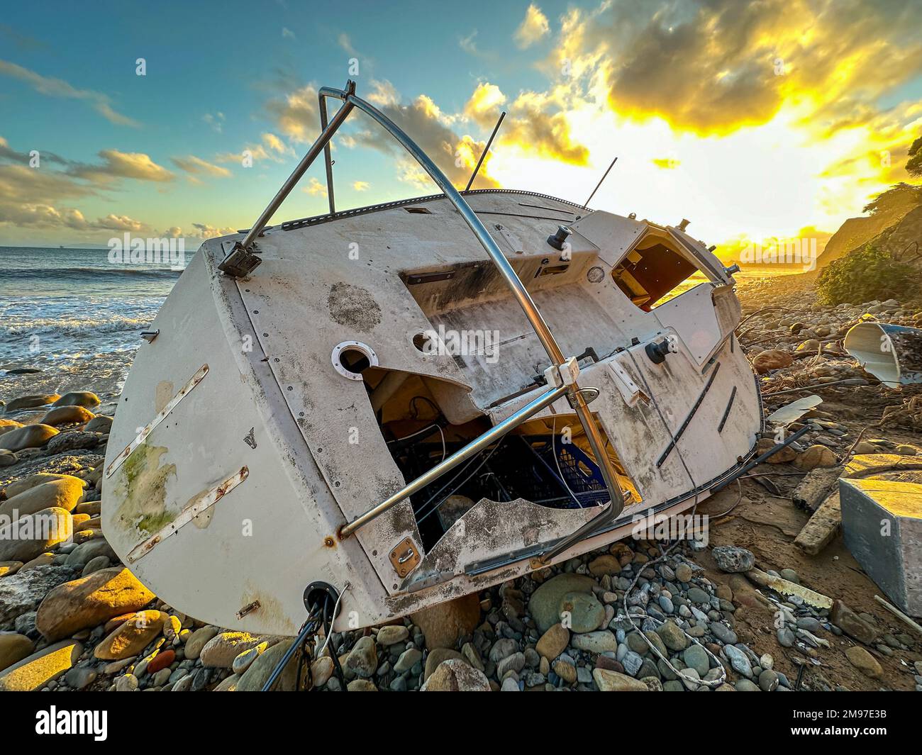 Montecito, California, USA. 16th Jan, 2023. A stranded boat on a now ...