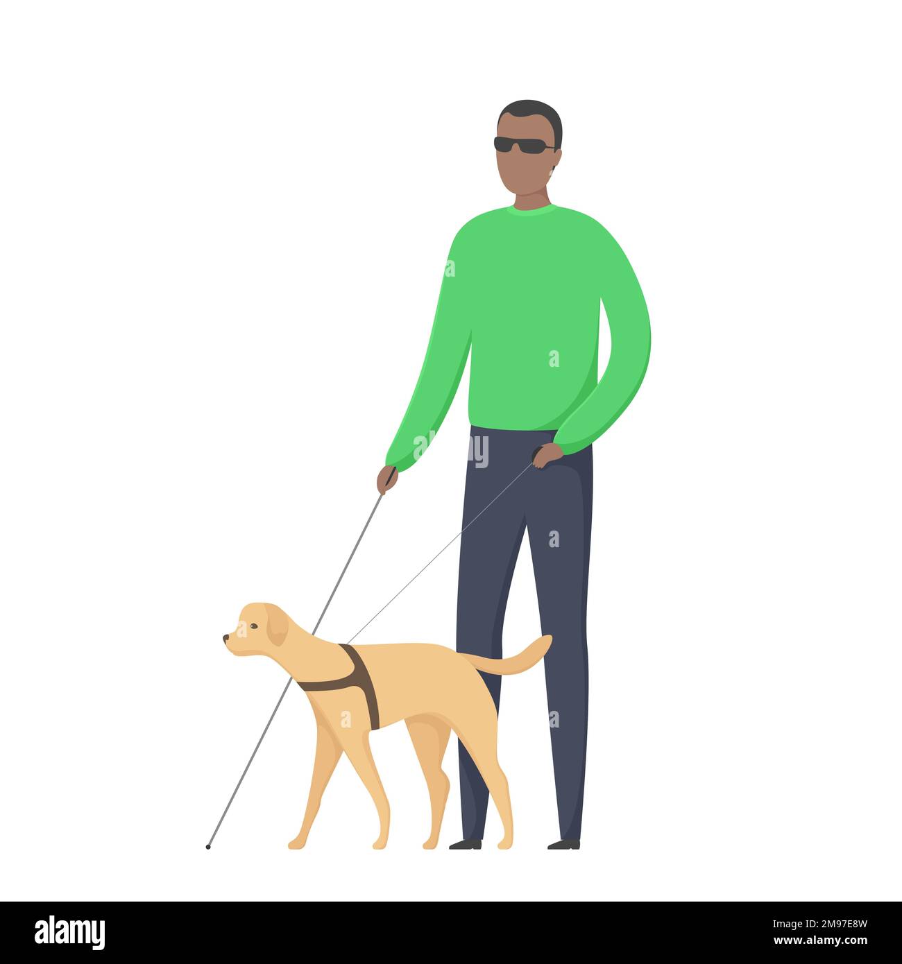 Man with blindness walking with seeing eye dog. Vector illustration. Stock Vector