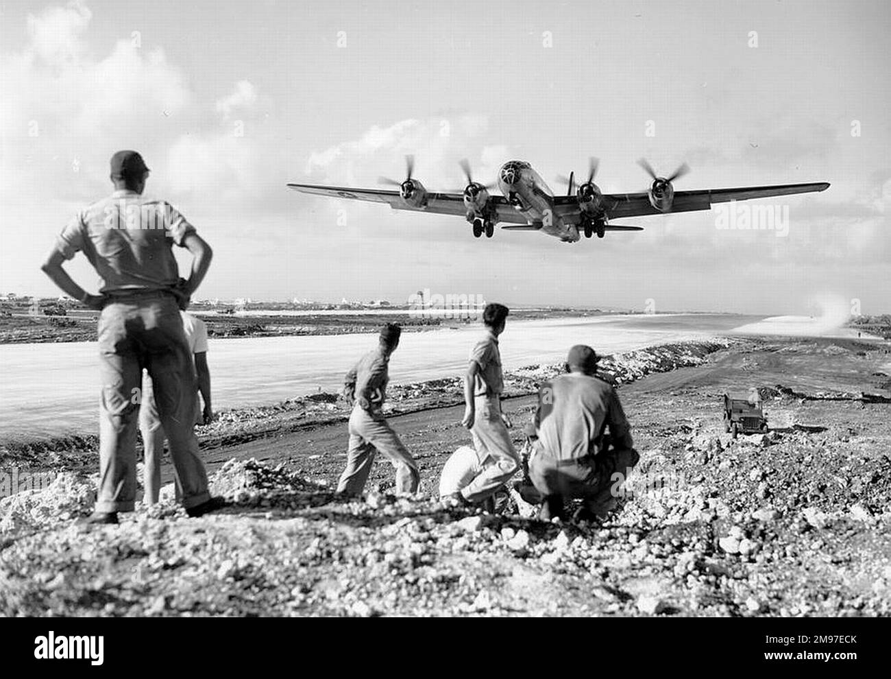 Boeing B-29 (forward view) climbing out of Saipan, Dec 1944. Stock Photo