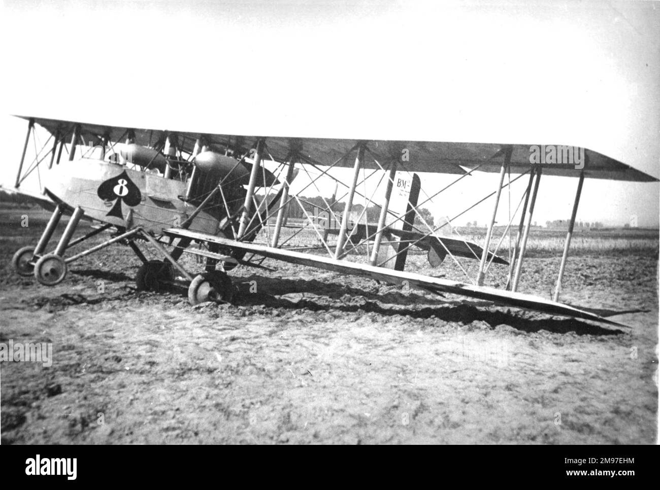 Breguet Michelin BM IV two-seater bomber, capable of carrying up to 40 bombs on its two underwing racks.  This particular French-operated aircraft, seen here behind German lines, had been forced down during the autumn of 1916. Stock Photo