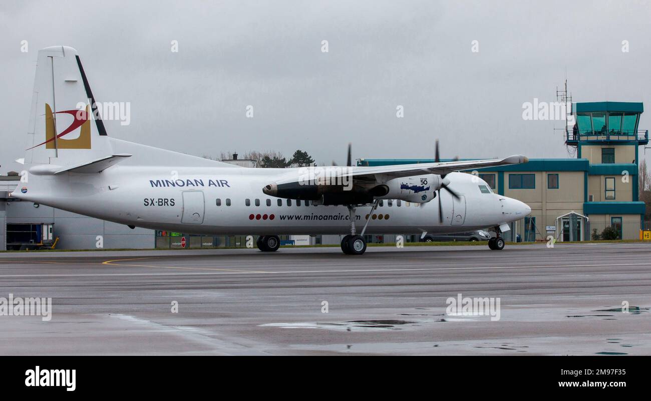 Fokker 50 of Minoan Air inaugural sat Oxford, 4 March 2013. Stock Photo