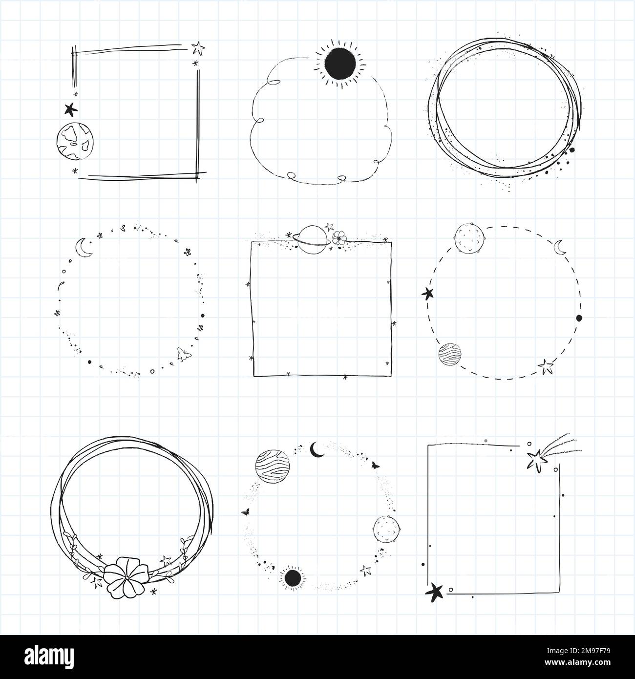Minimal line art galaxy frame set vector Stock Vector