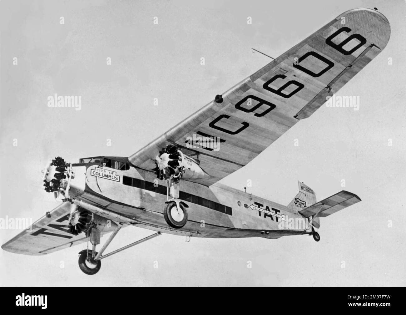 Ford 5-AT of TAT, later TWA. First flown 11 June 1926 the Ford Tri-Motor AT-4 carried 8 passengers, while the AT-5 of 1928 carried 10. Ford built 196 of these, the fastest seller of their time. Stock Photo