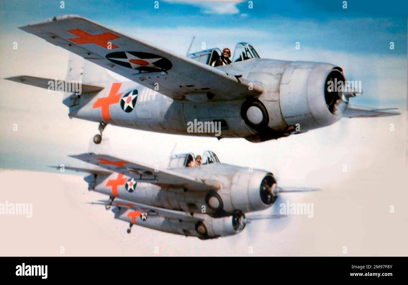 Grumman F4F-3A trio in echelon of VMF-111, Nov 1941 -part of the Red forces, hence crosses, used in joint excerises with US Army. Stock Photo