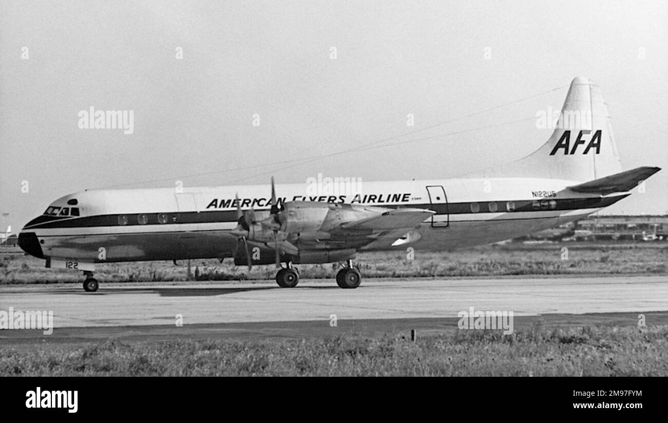 Lockheed L188C Electra of American Flyers A'line's N122US at JFK. Stock Photo