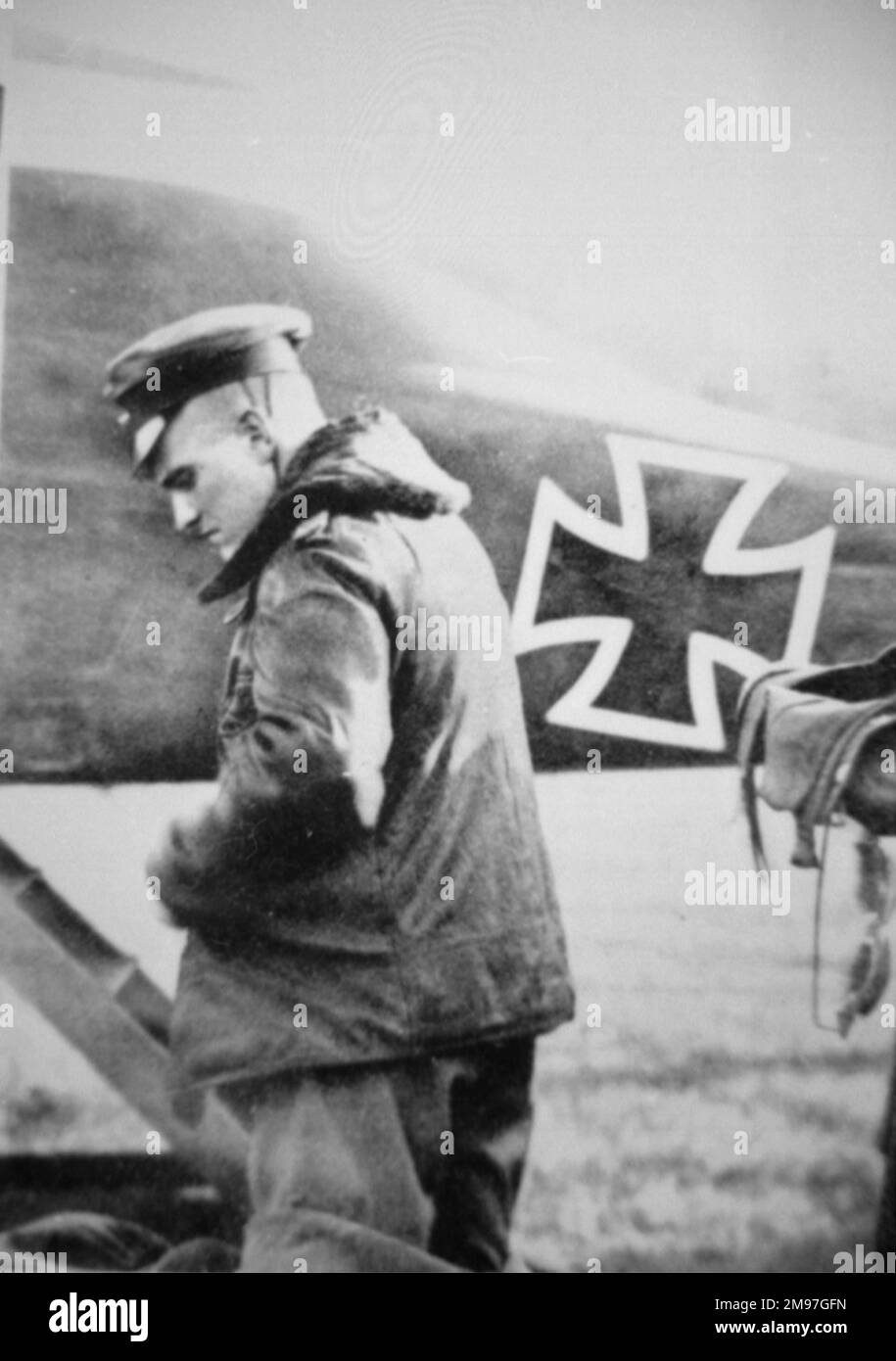 Baron Manfred von Richthofen (1892-1918), leading German air ace with 80 confirmed victories, seen here with his personal Albatros C IX biplane. Stock Photo
