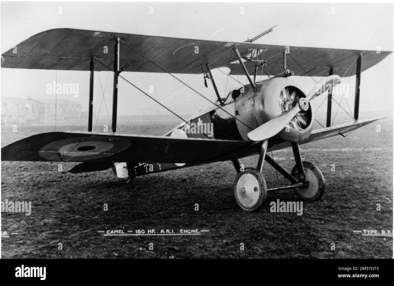 Sopwith 2F Camel fighter plane, designed for naval use.  The first was completed and flying by March 1917.  As seen here, it had a nose-mounted Vickers gun and an overwing Lewis gun.  It was deployed around the North Sea and on both sides of the English Channel, and could be launched from battleship and battle cruiser main turrets, and from aircraft carriers.  Seen here is the prototype 2F Camel, serial no. N5. Stock Photo