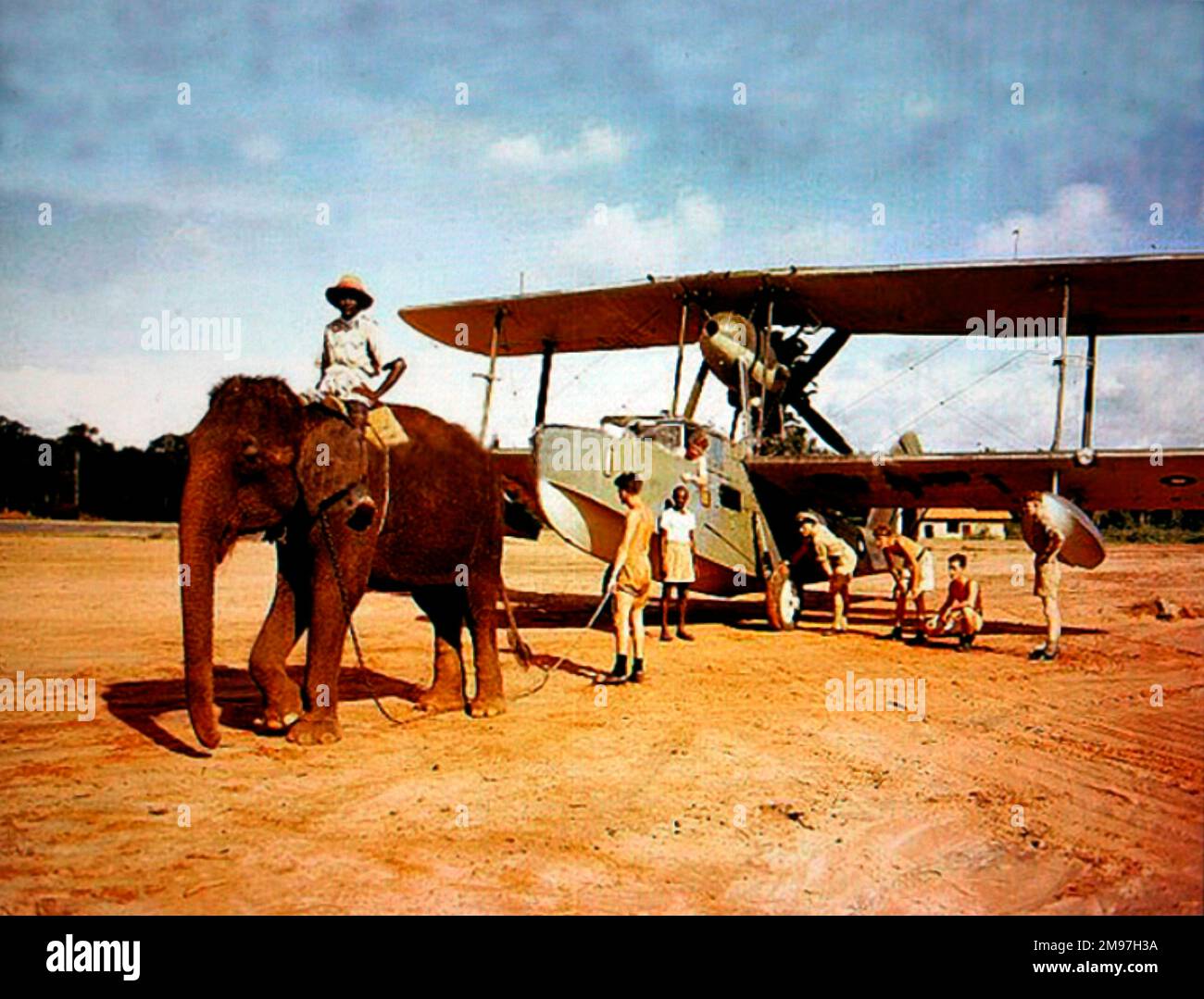 Supermarine Walrus -seen being towed by elephant. Stock Photo