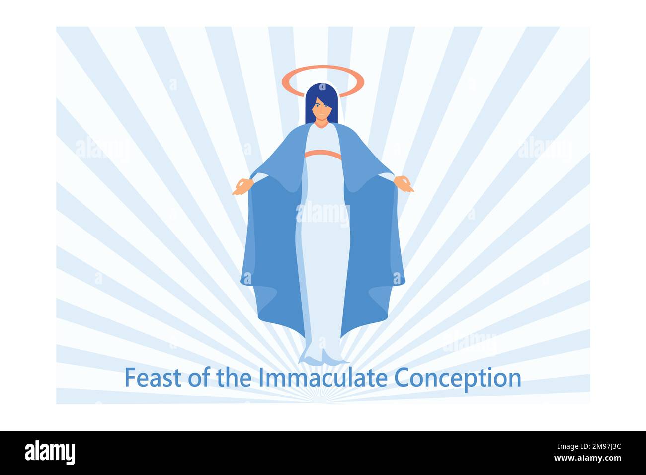 Feast of the Immaculate Conception vector. Blessed Virgin Mary in heaven icon vector. Saint Mary and blue sky vector. Immaculate Conception Day Poster Stock Vector