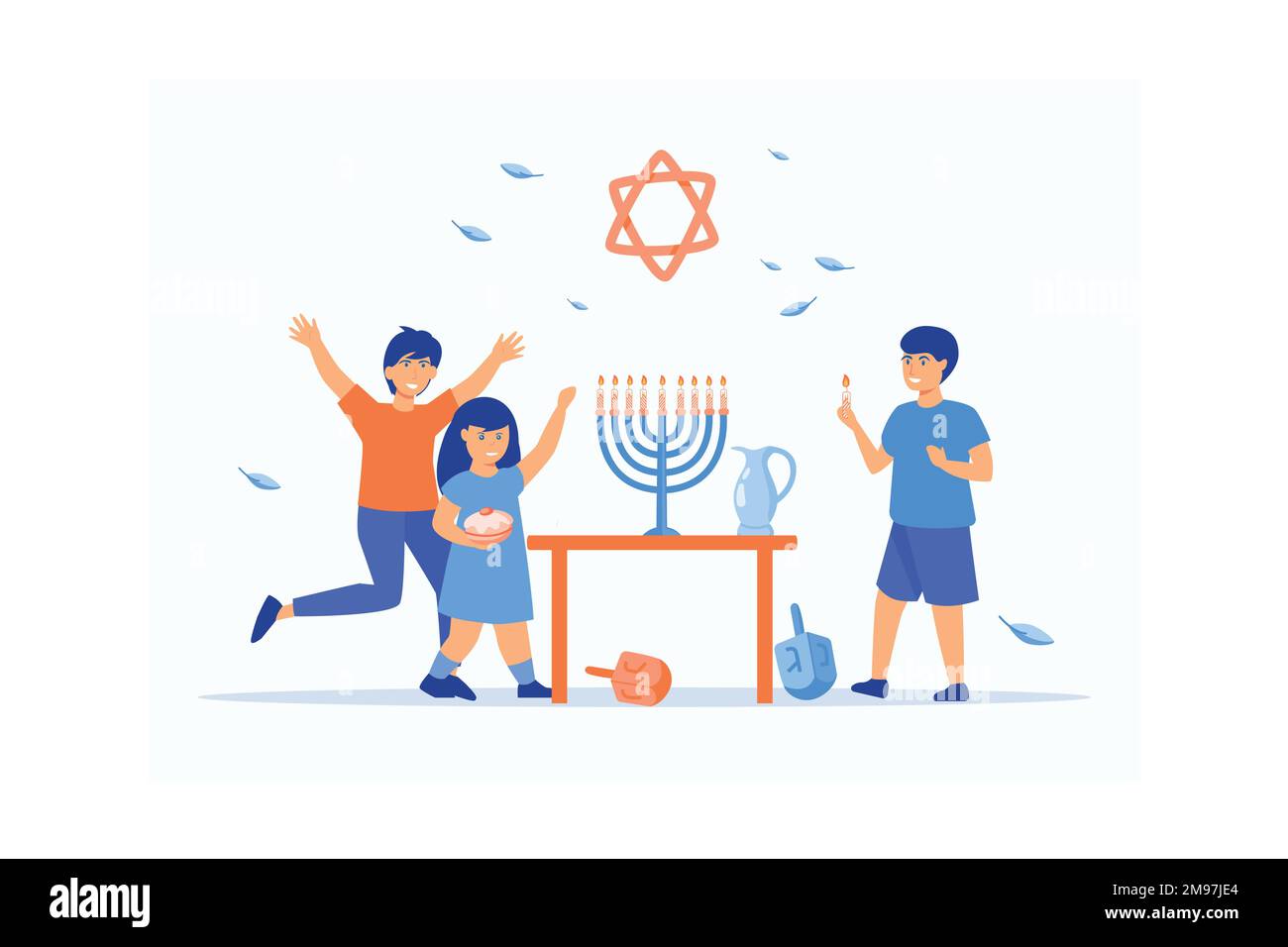 Kids celebrating Hanukkah by lighting candles in the menorah, eating doughnuts and playing with dreidels, flat vector modern illustration Stock Vector