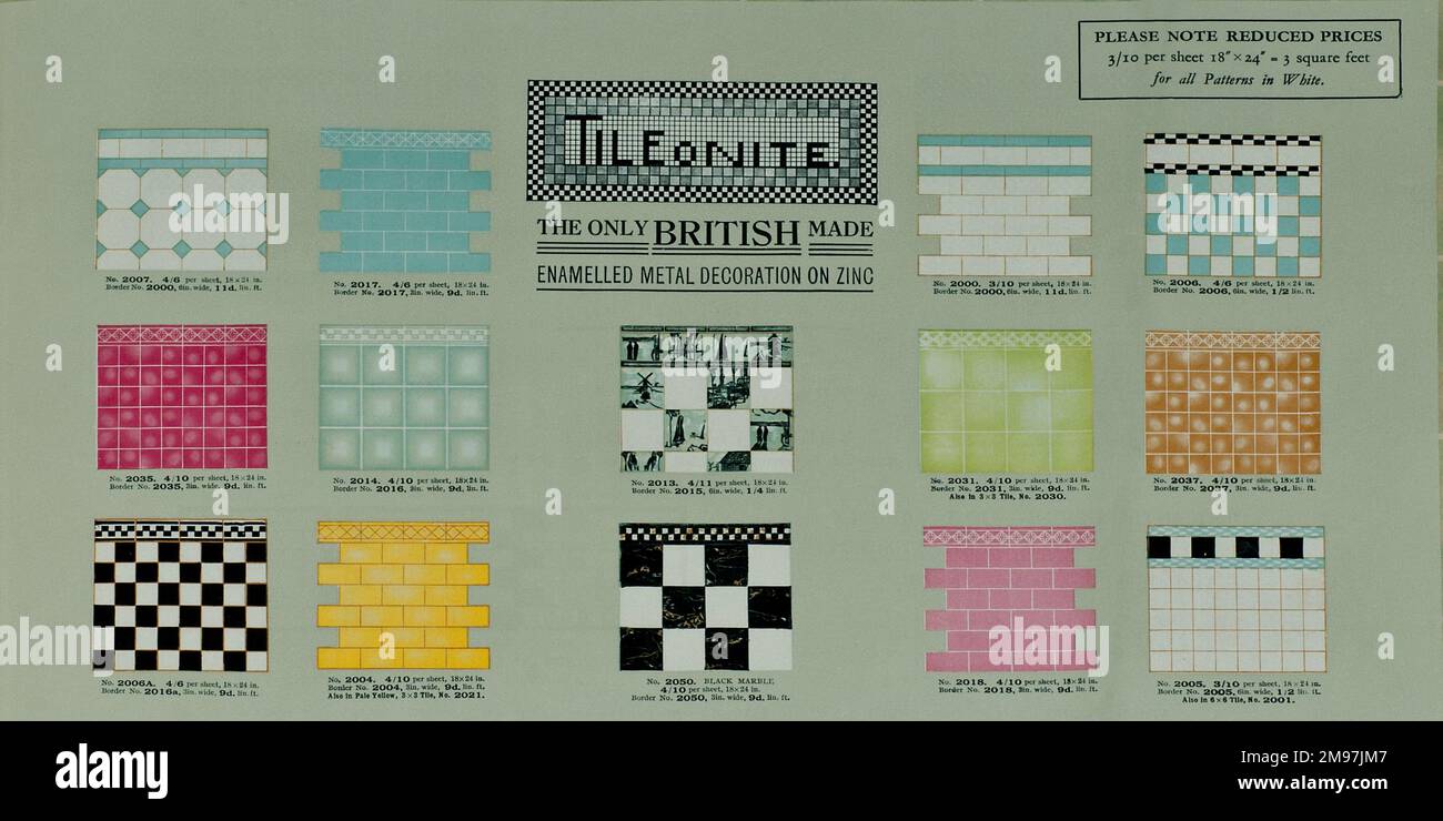 Fourteen Tileonite tile designs in an SMB wallpaper sample book.  The only British made enamelled metal decoration on zinc. Stock Photo