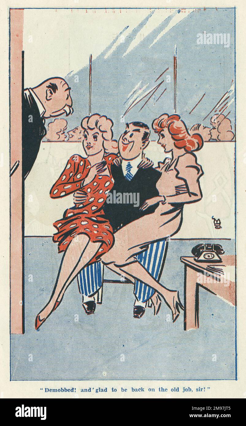 Cartoon in the Laugh It Off Annual -- Demobbed! and glad to be back on the old job, sir!  An employee returned from the war sits in his office with a young woman on each knee, to the surprise of his older boss. Stock Photo