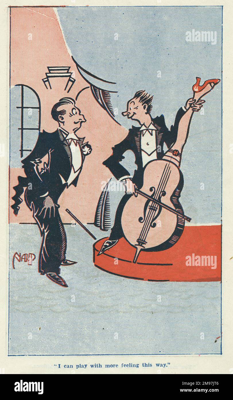 Cartoon in the Laugh It Off Annual -- I can play with more feeling this way. A man in a nightclub plays a double bass designed with a woman's shapely leg in place of the usual wooden fingerboard. Stock Photo