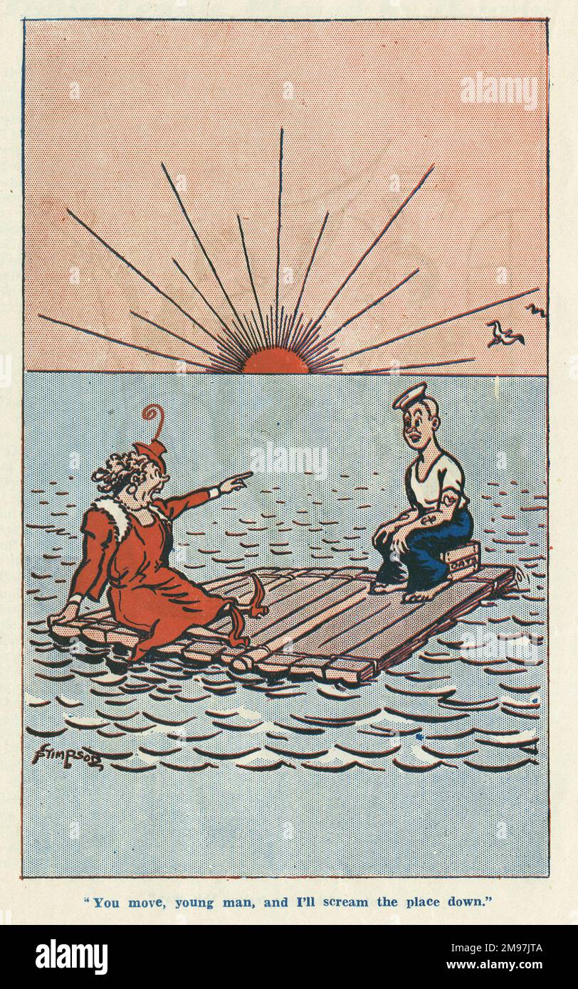 Cartoon in the Laugh It Off Annual -- You move, young man, and I'll scream the place down. A not very attractive middle-aged woman threatens a shocked sailor as they sit on a raft after a shipwreck, while the sun sets in the background. Stock Photo