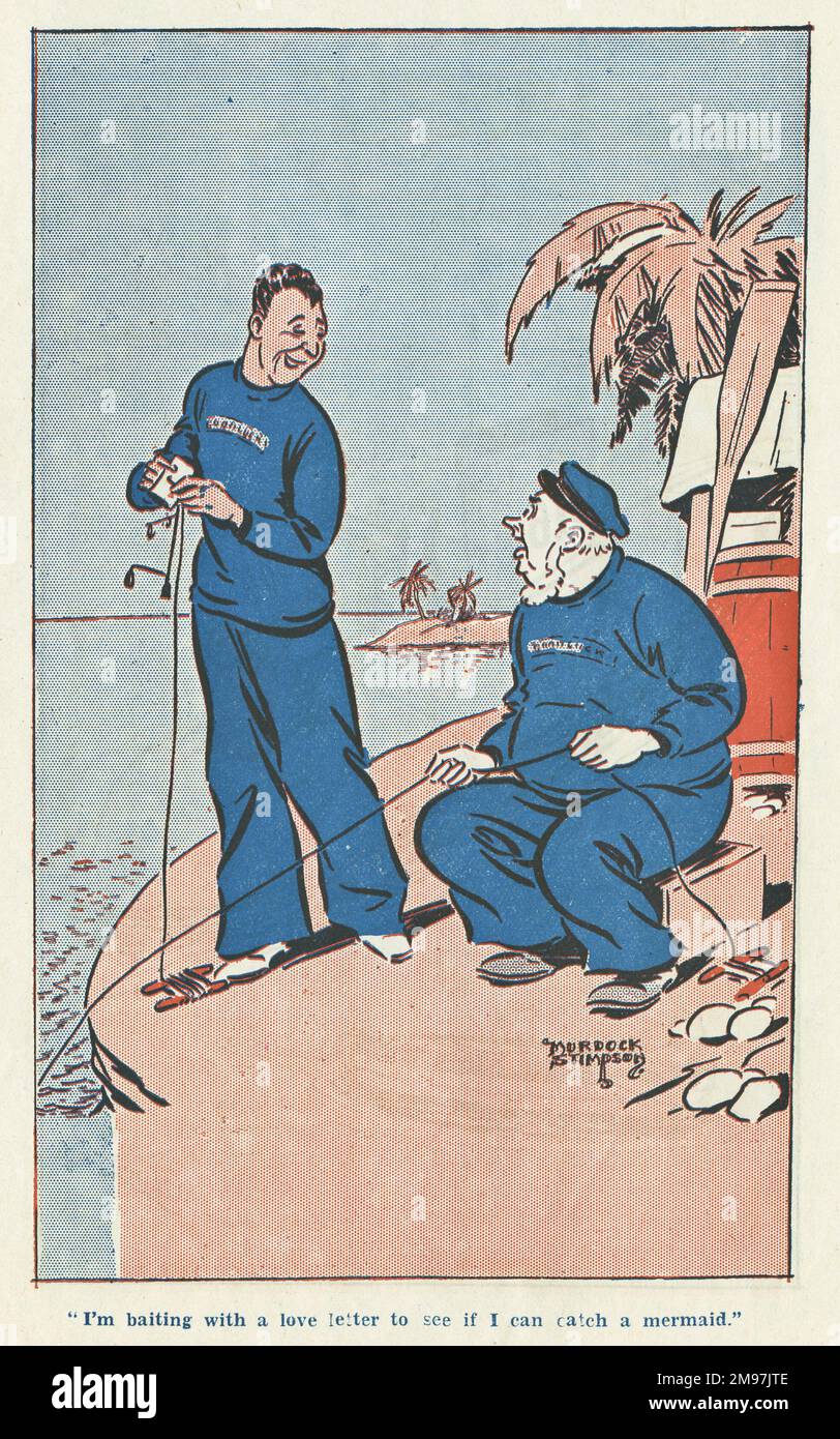 Cartoon in the Laugh It Off Annual -- I'm baiting with a love letter to see if I can catch a mermaid.  Two fishermen discuss angling strategies. Stock Photo