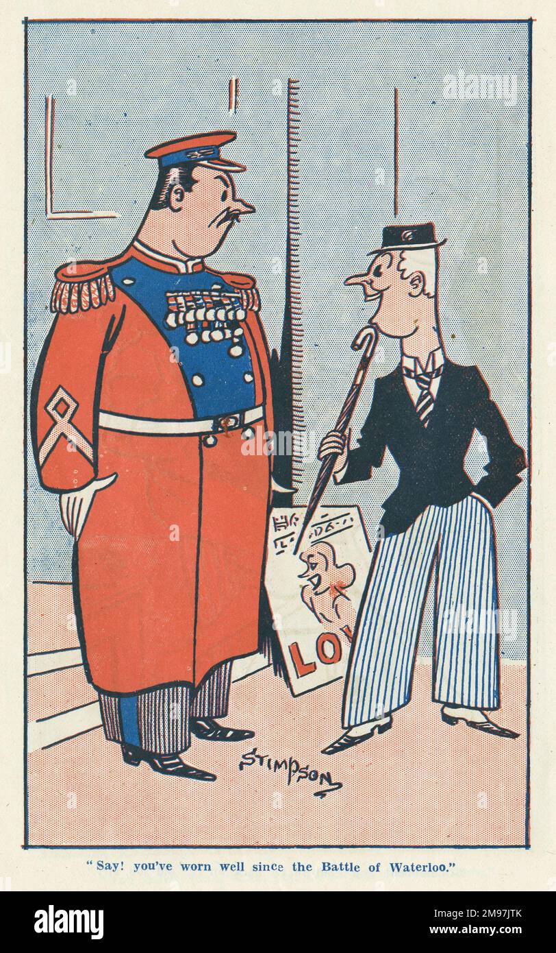 Cartoon in the Laugh It Off Annual -- Say, you've worn well since the Battle of Waterloo.  A man speaks to a cinema attendant who has many medals on his chest. Stock Photo