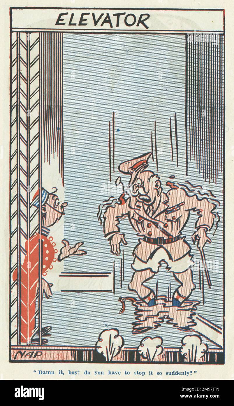 Cartoon in the Laugh It Off Annual -- Damn it, boy! do you have to stop it so suddenly?  An army officer's trousers fall down as the lift reaches its destination. Stock Photo