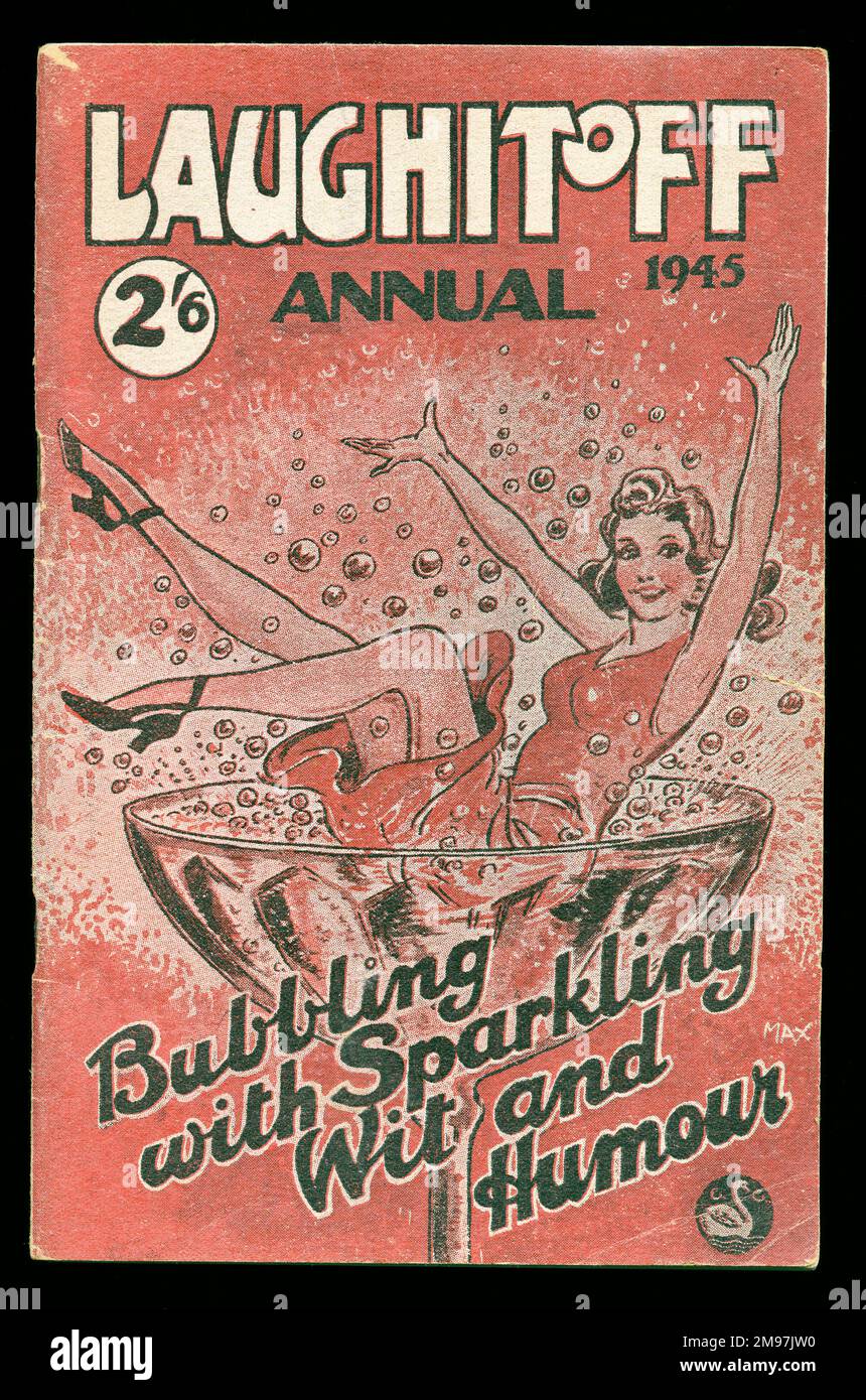Cover design, Laugh It Off Annual for 1945, bubbling with sparkling wit and humour.  Showing a fun-loving young woman in a giant glass of champagne. Stock Photo