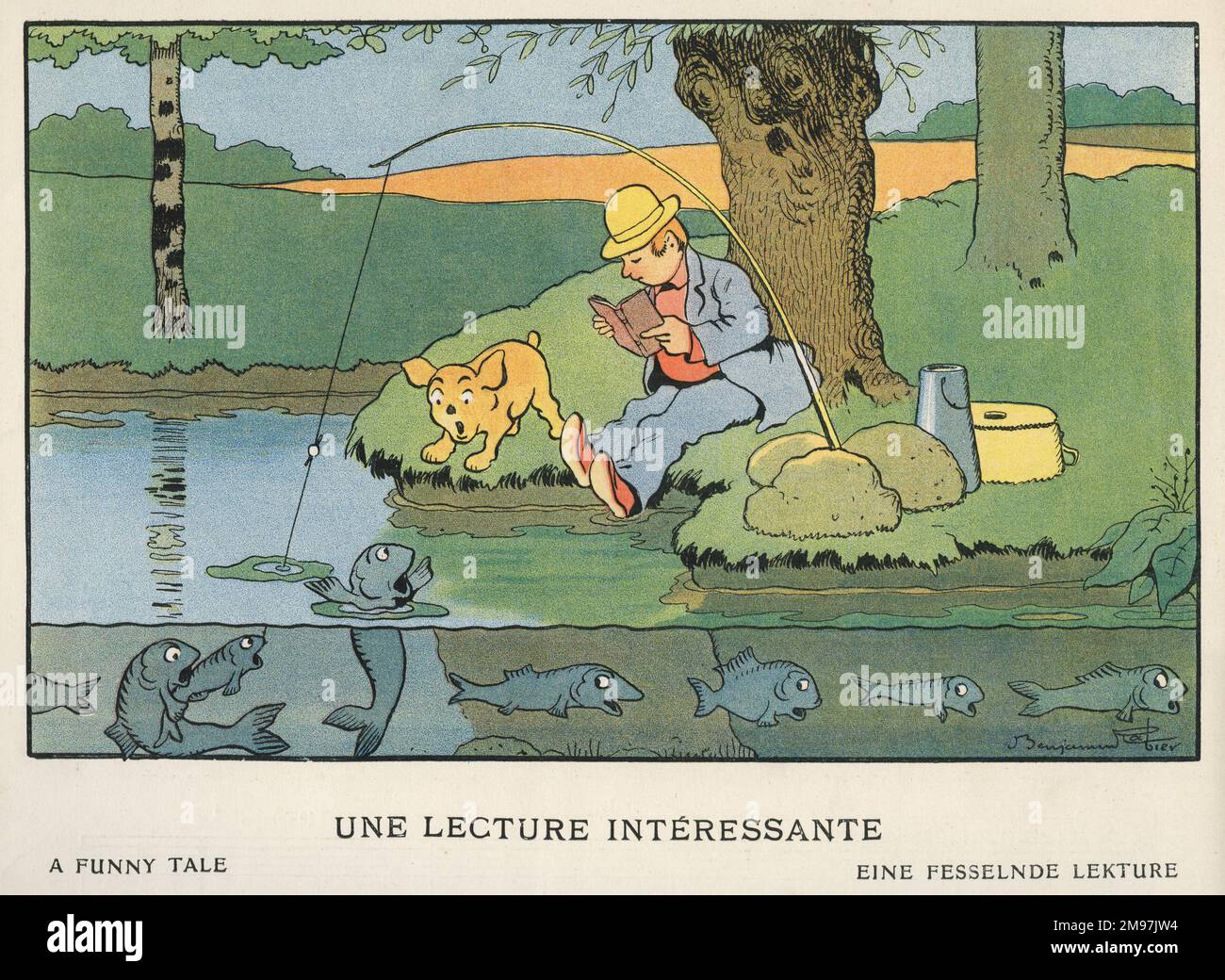A man fishing reads an interesting story from his book, while his dog barks at a fish, illustration in Les Images en Musique, with illustrations by Benjamin Rabier and easy pieces for piano by Jane Vieu. Stock Photo