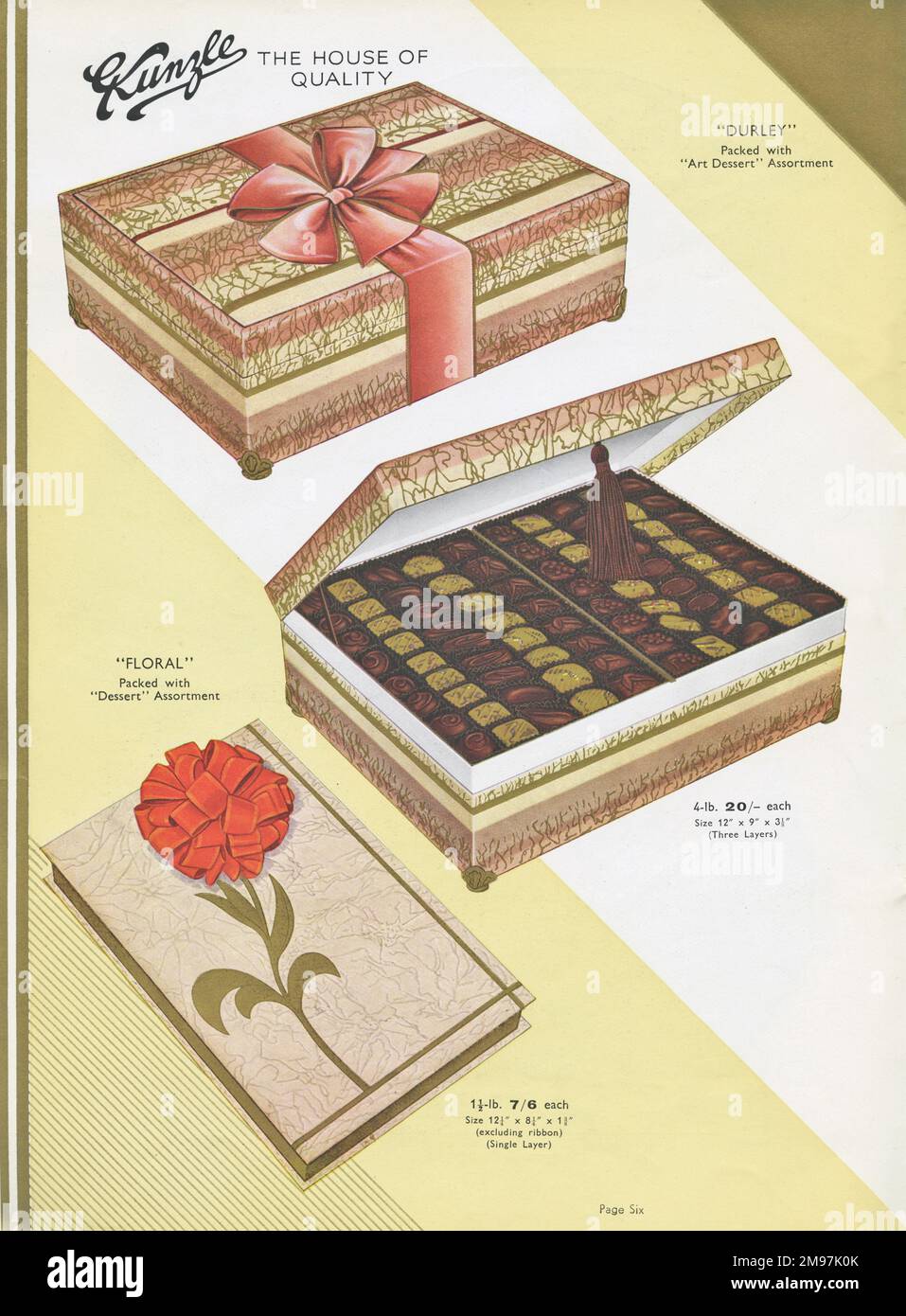 Page from a catalogue, Kunzle Chocolate List, showing two luxury presentation boxes, Durley and Floral. Stock Photo