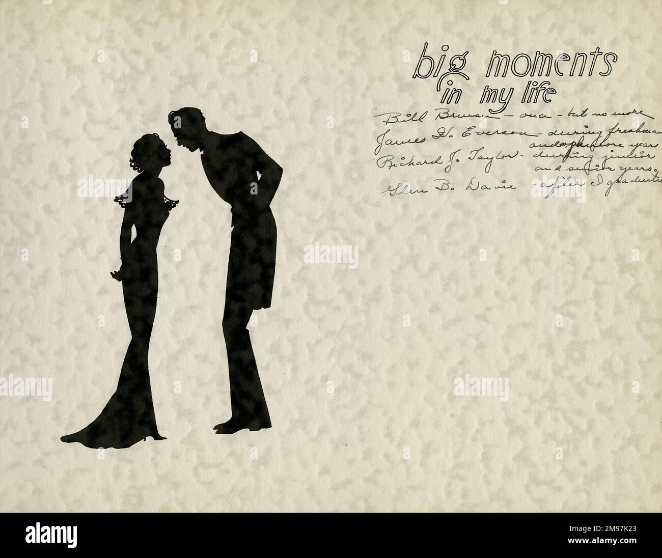Page design for big moments in my life, in School Silhouettes, once owned by a female student of Fayetteville High School, New York, USA. Depicting a young woman and a young man in close conversation. Four men's names are written on the right, each one with a comment -- no doubt a list of boyfriends and ex-boyfriends. Stock Photo