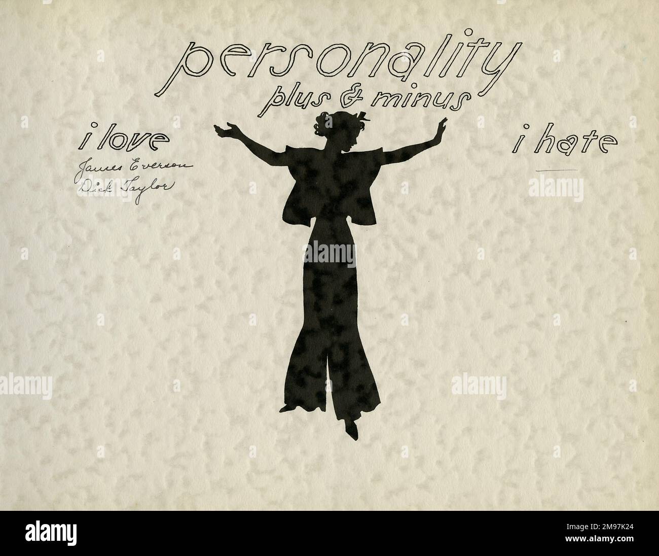 Page design for personality (plus and minus, I love, I hate), in School Silhouettes, once owned by a female student of Fayetteville High School, New York, USA. Depicting a young woman standing with her arms outstretched. The names of two men have been written under the 'I love' heading. Stock Photo