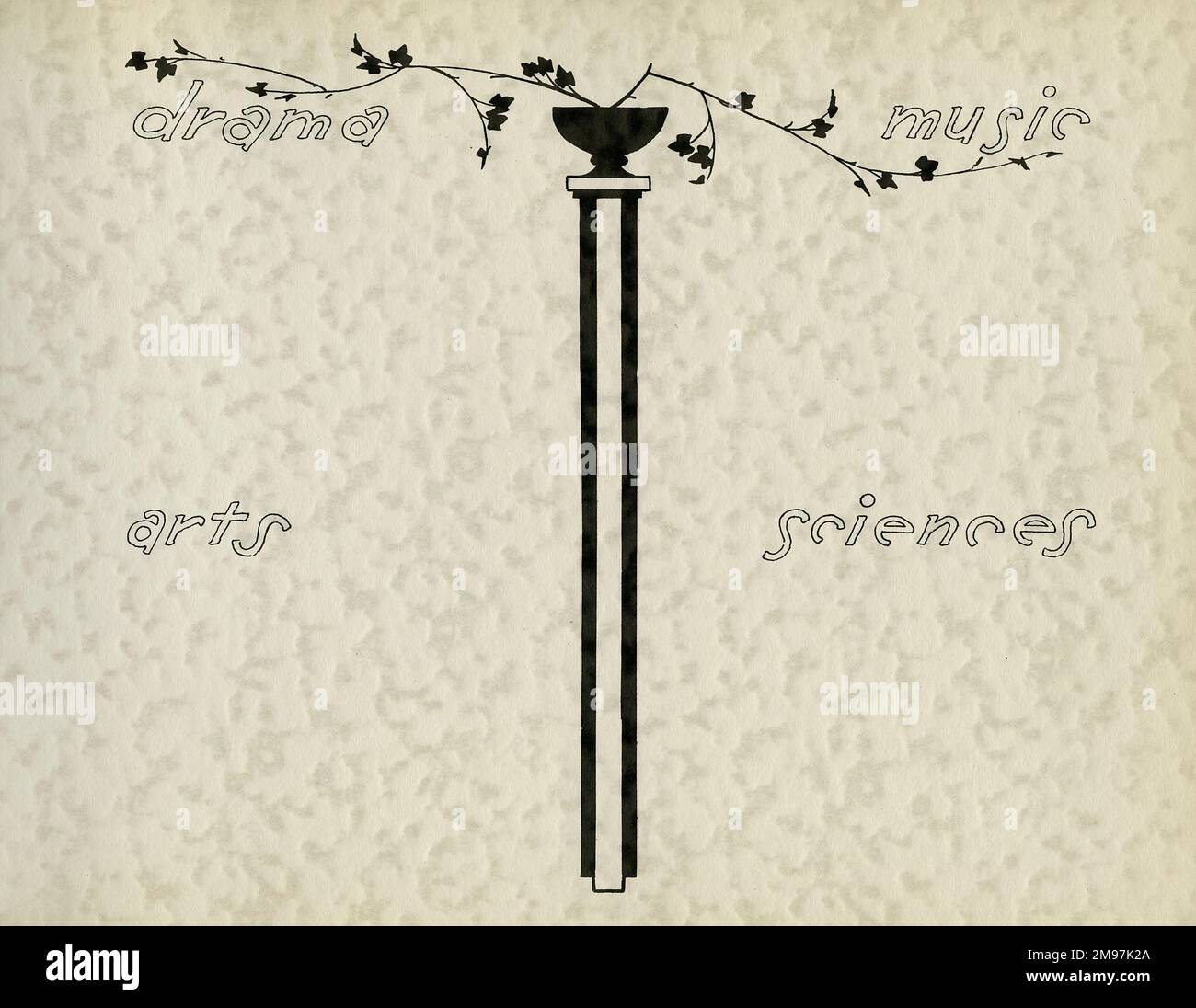 Page design for the subjects of drama, music, arts and sciences in School Silhouettes, once owned by a female student of Fayetteville High School, New York, USA. Depicting a bowl on a tall stand with a decorative branch spreading out from the centre. Stock Photo